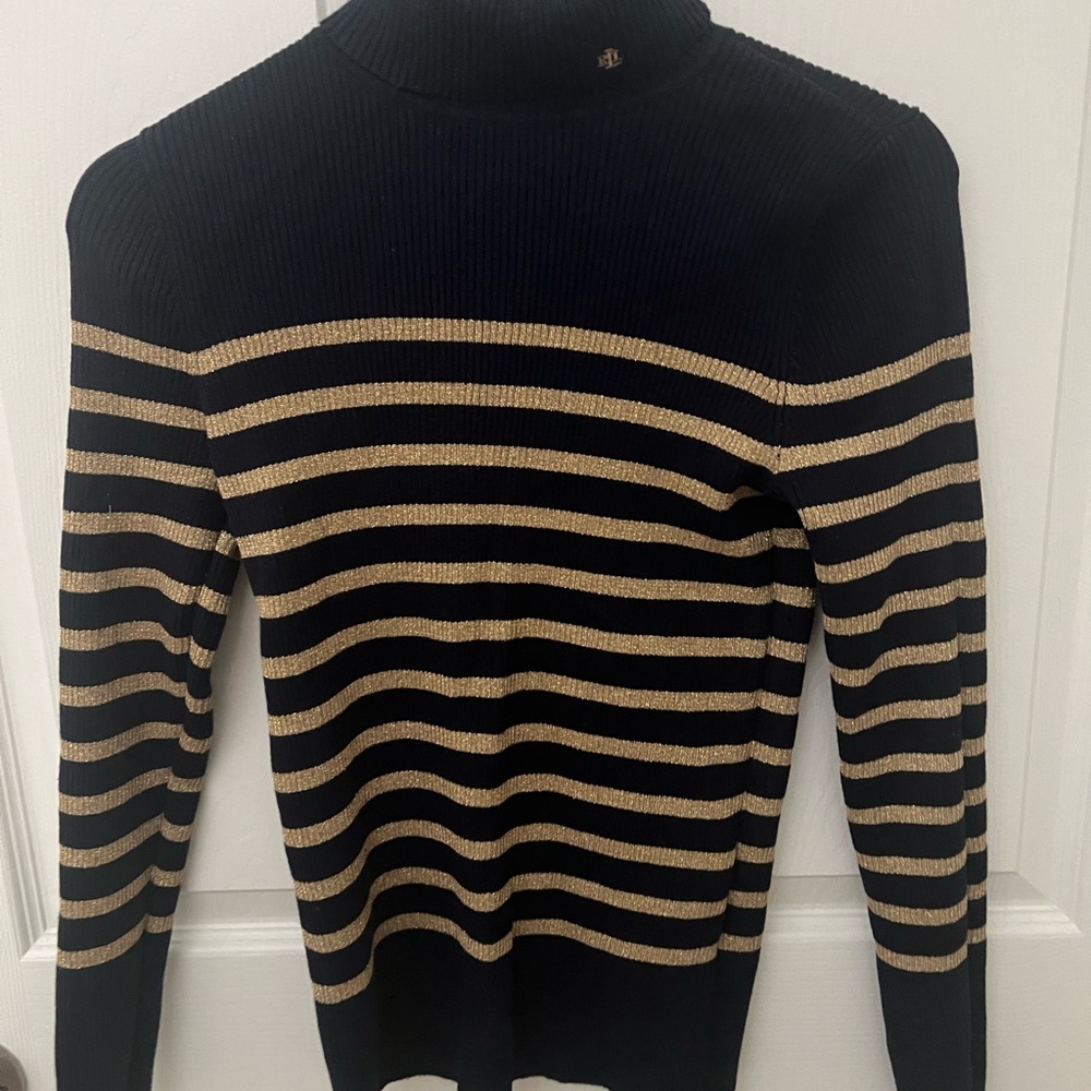 Lauren Ralph Lauren Navy and Gold Striped Turtleneck Sweater